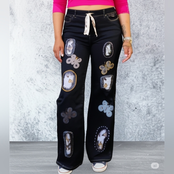Upcycled Denim - Upcycled Molly Made It floral applique & embroidery blue jeans